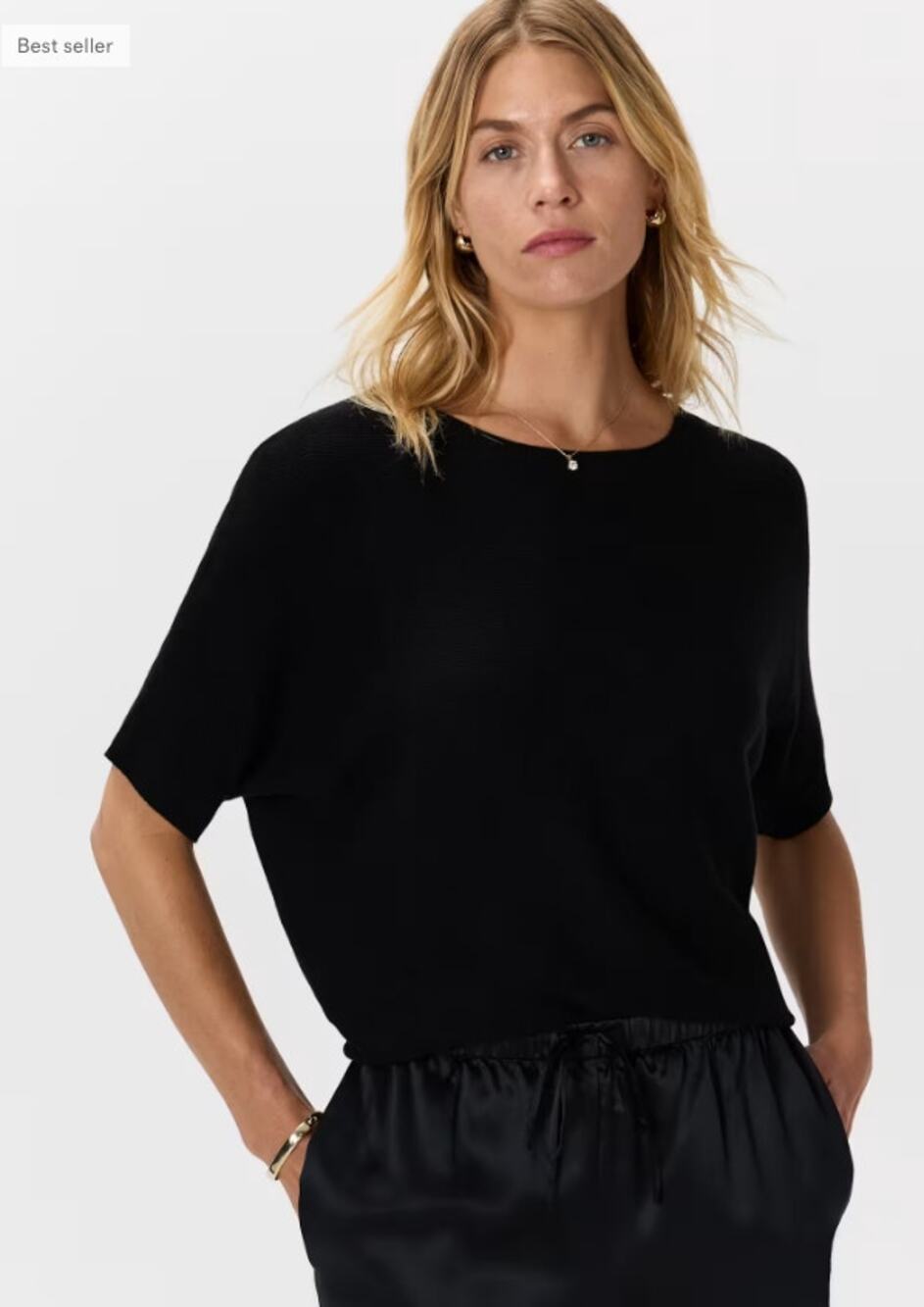 Lightweight Cotton Cashmere Link-Stitch Dolman Sweater in Black Size Small